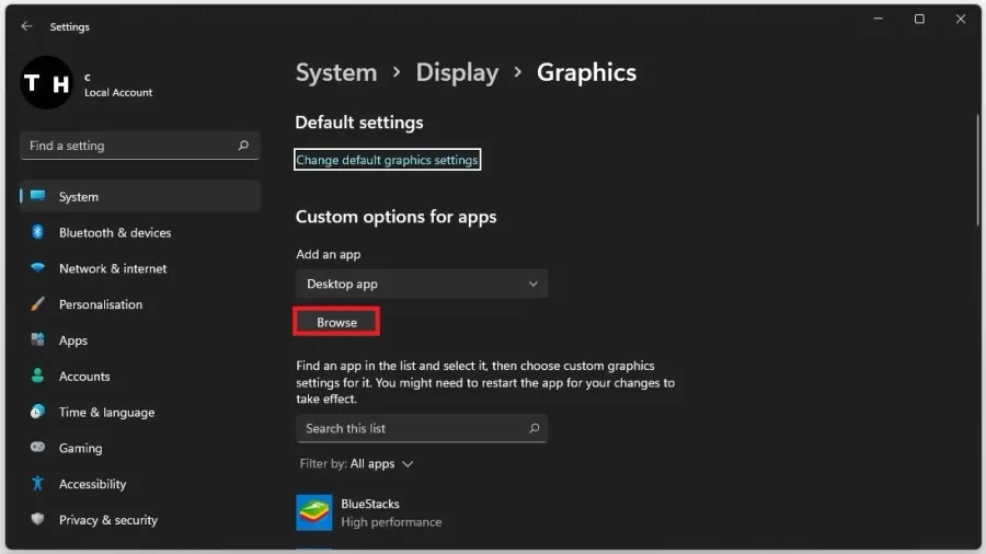 Display Settings > Graphics > Browse