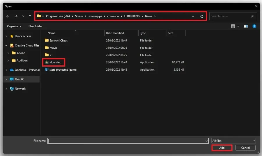 Program Files > Steam > steamapps > common > Elden Ring > Game > eldenring