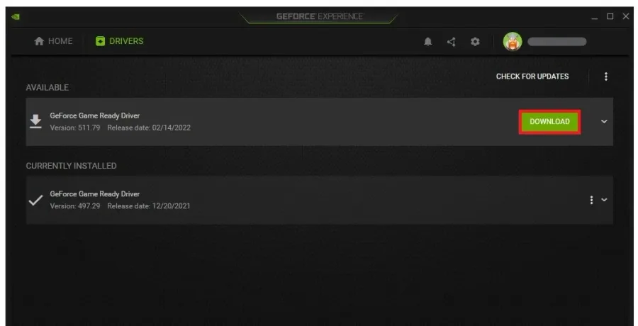 GeForce Experience > Drivers > Update