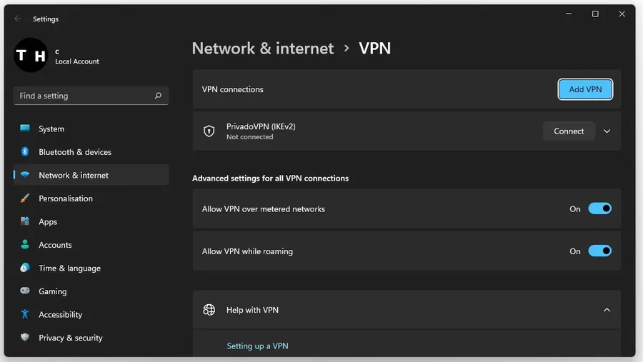 Windows Settings > Network & Internet > VPN