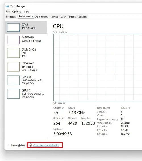 Task Manager > Performance > Open Resource Monitor