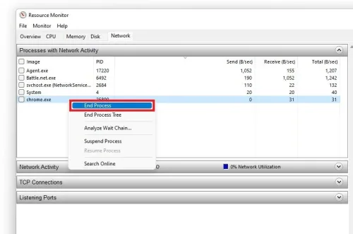 Resource Monitor > Network > Processes with Network Activity