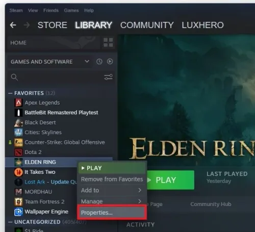 Steam library > Elden Ring > Properties
