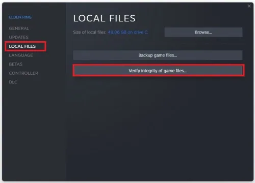 Elden Ring Properties > Local Files > Verify Integrity of game files