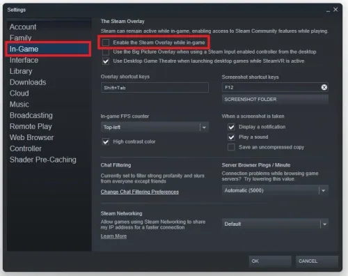 Steam Settings > In-Game > Enable the Steam Overlay while in-game