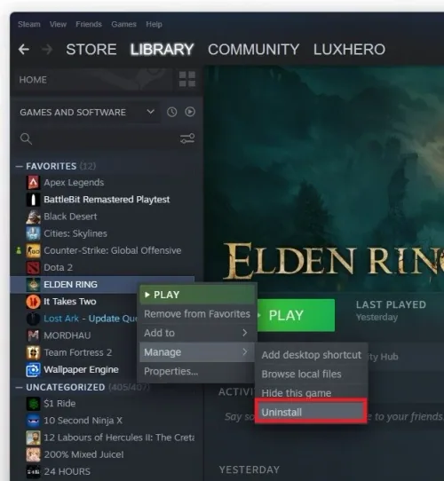 Steam library > Elden Ring > Manage > Uninstall