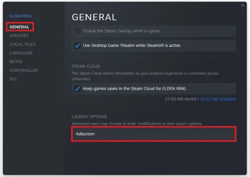 Elden Ring Properties > General > Launch Options