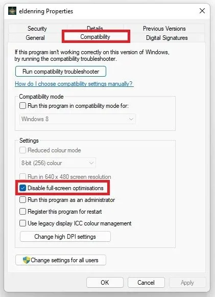 Elden Ring Properties > Compatibility > Disable full-screen optimizations