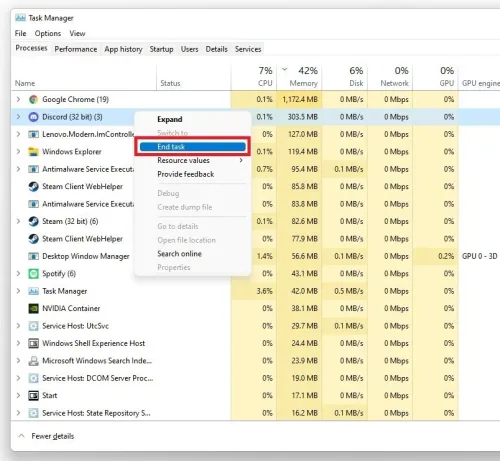 Task Manager > Processes > End Task