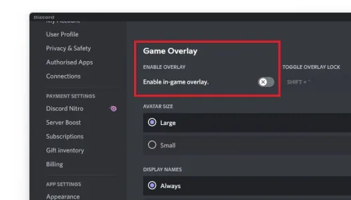 Discord User Settings > Disable Game Overlay