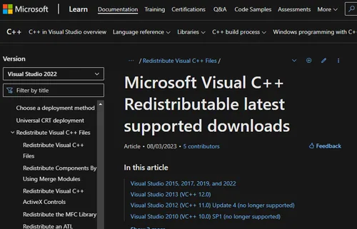 Microsoft Visual C++ Redistributable downloads