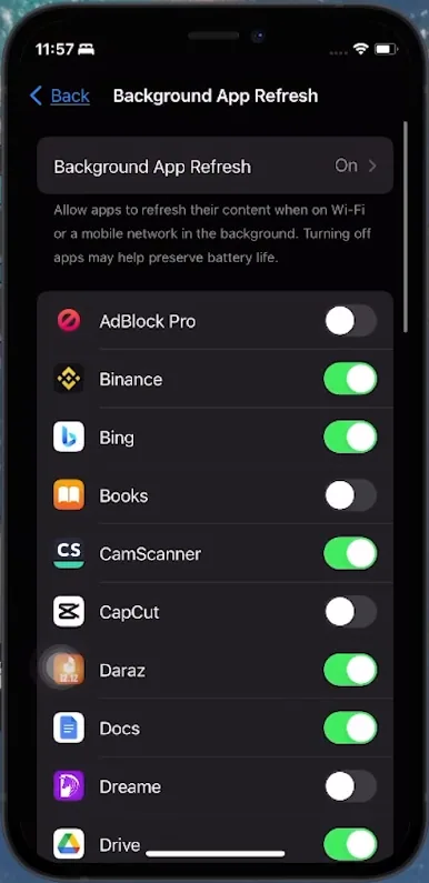 toggle background app refresh