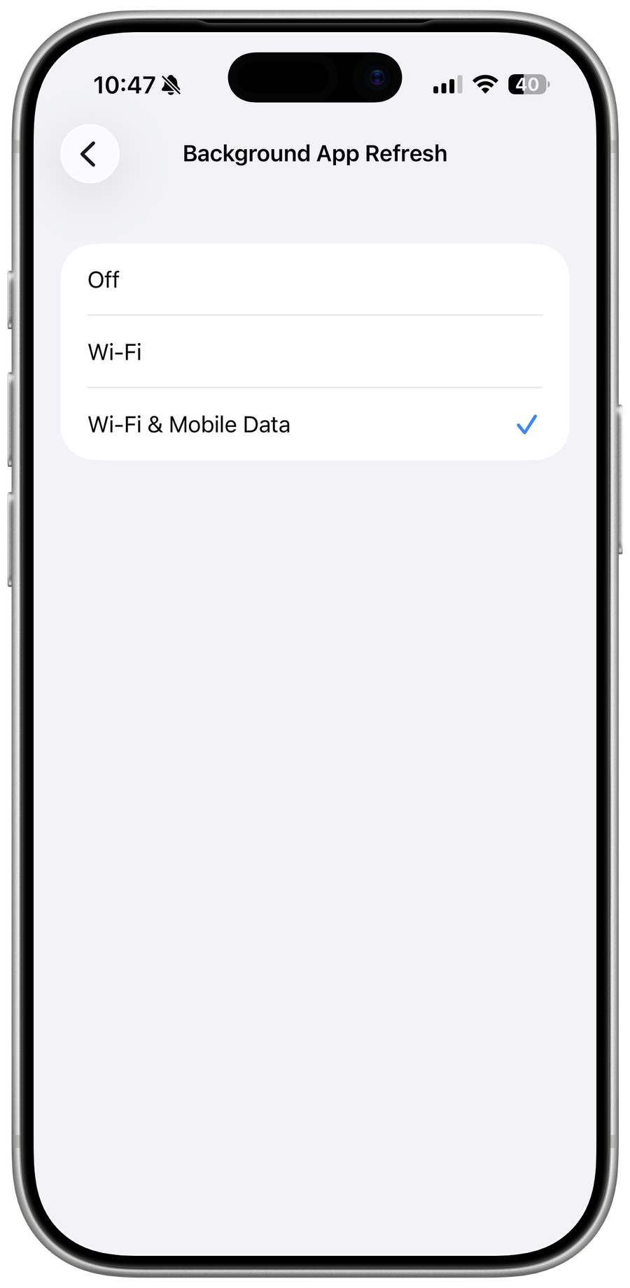 iPhone Background App Refresh options showing Off, Wi-Fi, and Wi-Fi & Mobile Data
