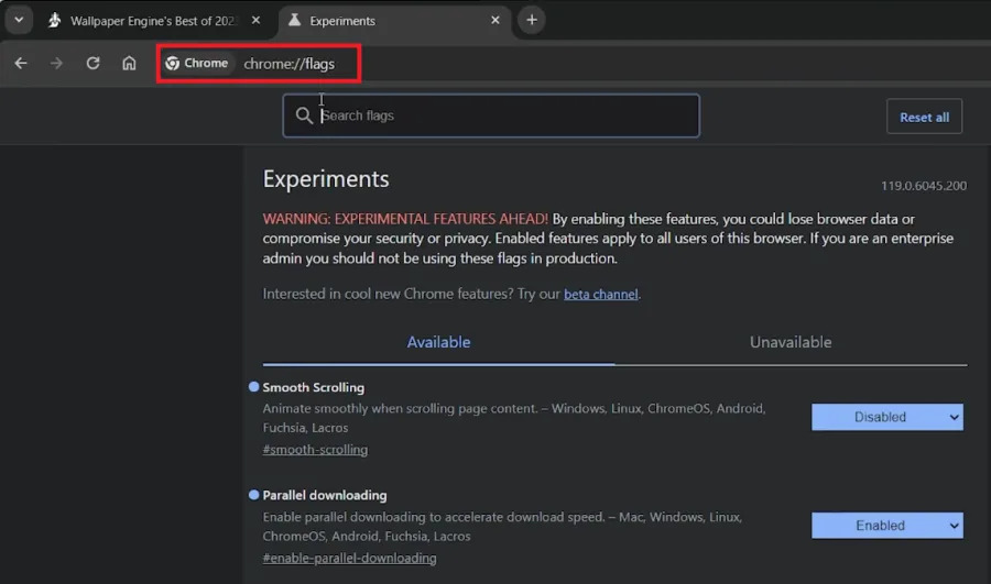 access chrome flags
