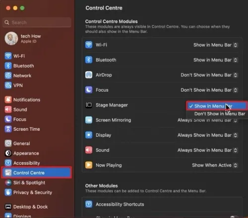 System Settings > Control Centre > Stage Manager