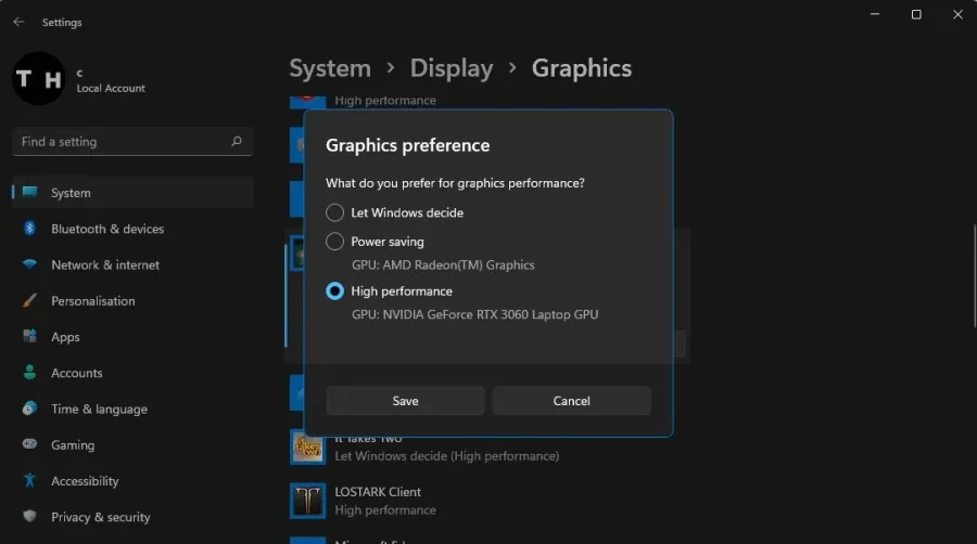 Graphics Settings > Graphics Preference > High Performance