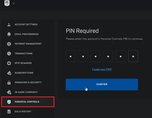 parental controls pin