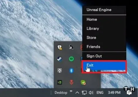 System Tray > Epic Games > Exit