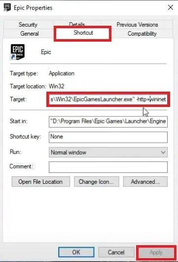 Epic Properties > Shortcut > Target