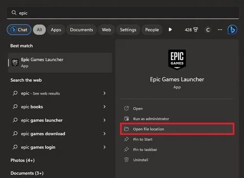 open file location epic games