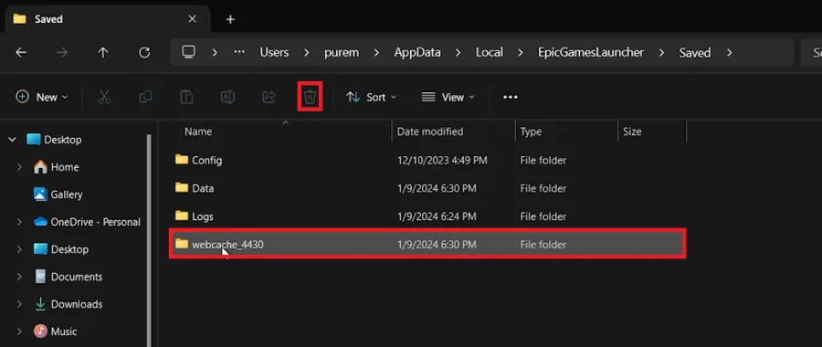 delete webcache folder