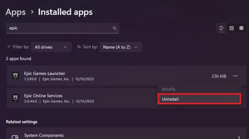 uninstall epic games