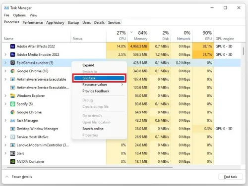Task Manager > Processes > Epic Games > End Task