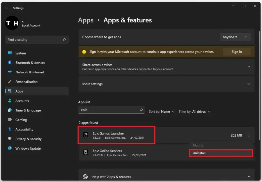Windows Settings > Apps > Apps & Features > Epic Games > Uninstall