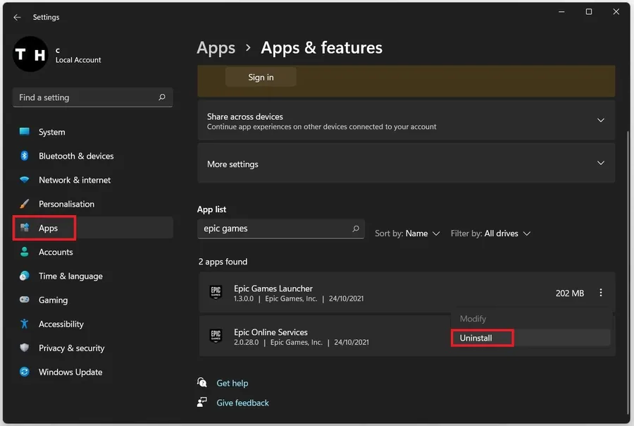 Windows Settings > Apps > Installed Apps > Epic Games Launcher