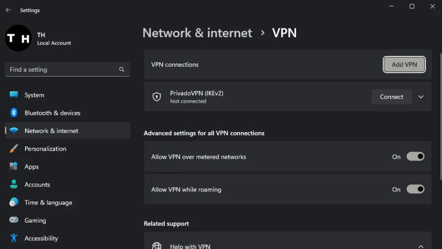 Windows Settings > Network & internet > VPN