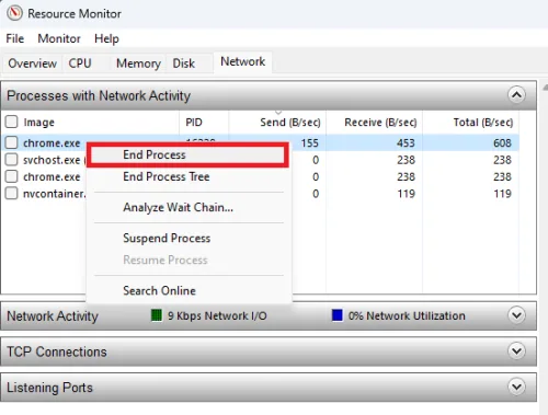 end processes in the resource monitor
