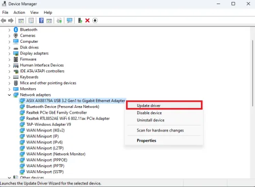device manager update network adapters driver