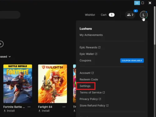 epic games settings