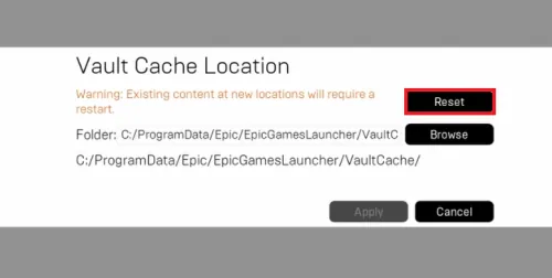 reset vault cache location