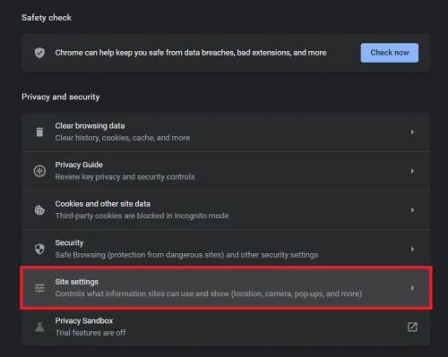 google chrome site settings