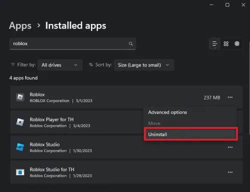 uninstall Roblox on Windows