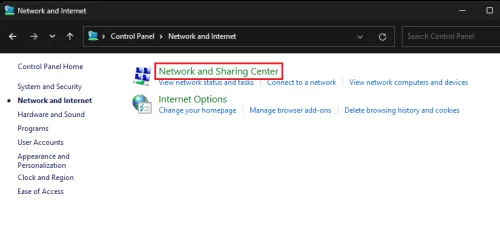 network and sharing center