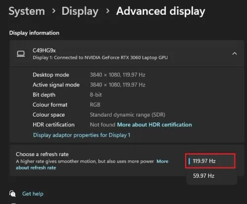 Windows Settings > Display > Advanced Display