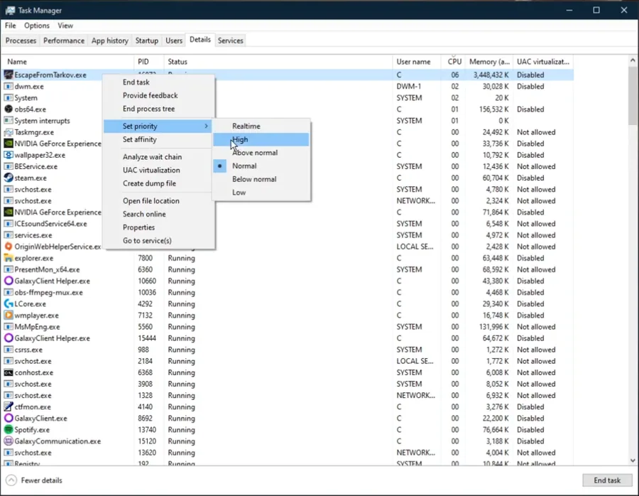 Don’t change the priority to High in case the game is already using up 100% of your CPU capabilities.