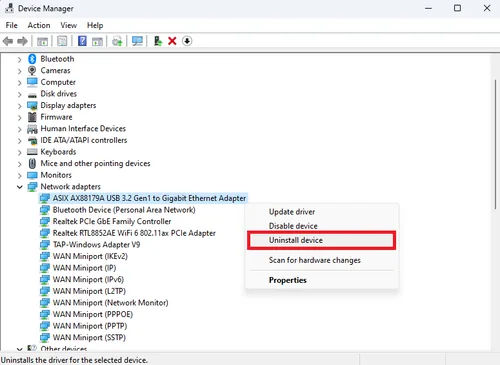 uninstall network adapter in device manager
