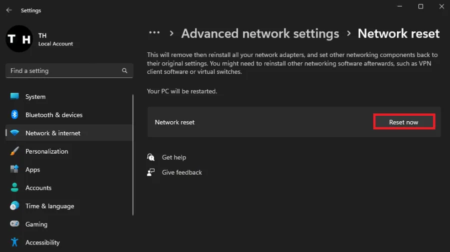 reset network connection