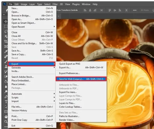 Photoshop > File > Export > Save for Web (Legacy)…