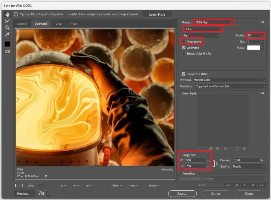 Save for Web > Preset / Image Size