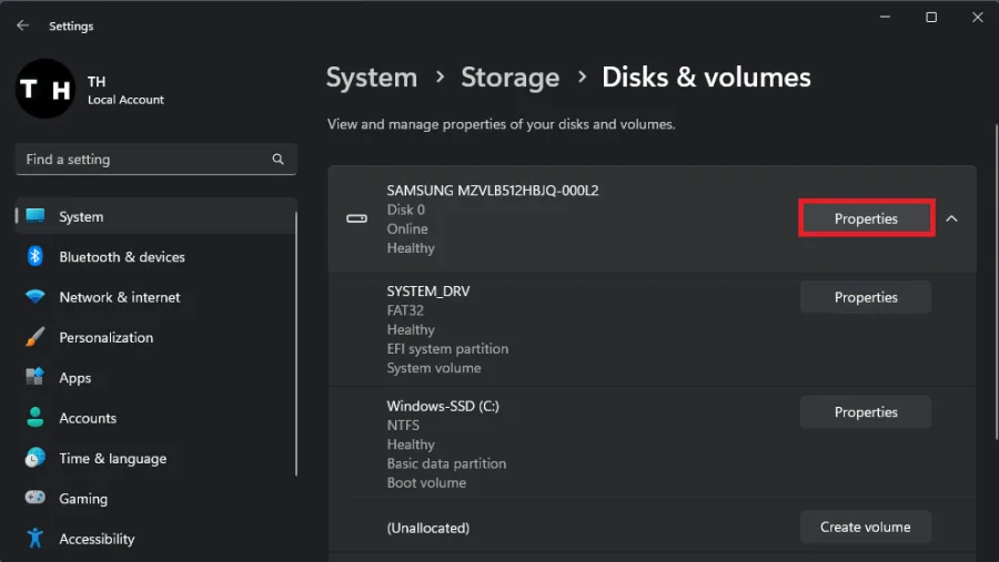 disk and volumes properties