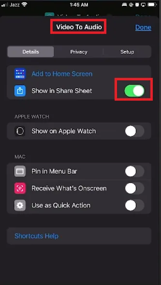 video to audio shortcut