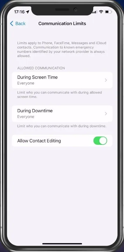 iPhone Settings > Screen Time > Communication Limits