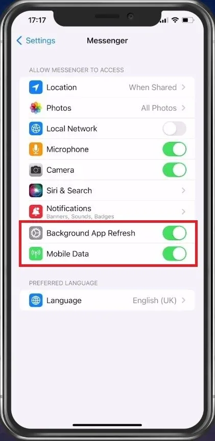 iPhone Settings > Messenger
