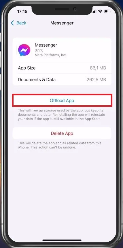iPhone Storage > Messenger > Offload App