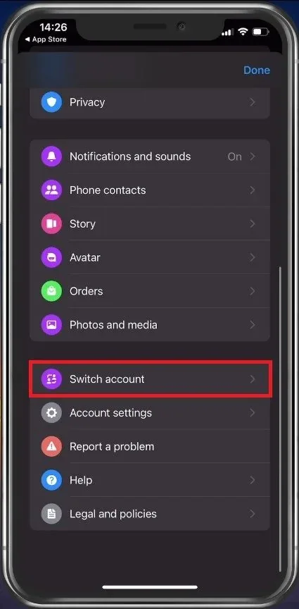 Facebook Messenger > Switch account