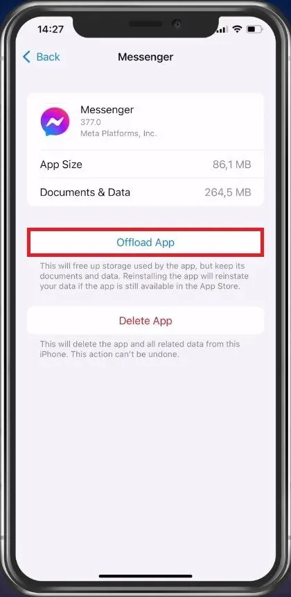 iPhone Storage > Messenger > Offload App